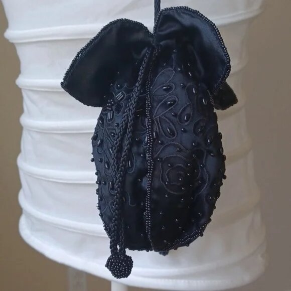 Beaded Mini Drawstring Shoulder Bag Purse Fully Lined Womens Black, 6"x6" EUC - Picture 6 of 12